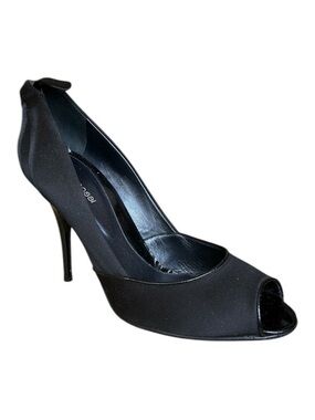 Sergio Rossi Black Satin Peep Toe Pumps with Knot Bow at High Stiletto Heel
